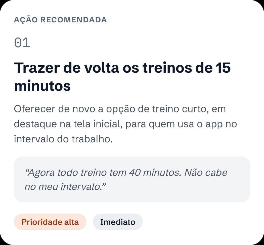Ação recomendada: trazer de volta os treinos de 15 minutos, prioridade alta, imediato