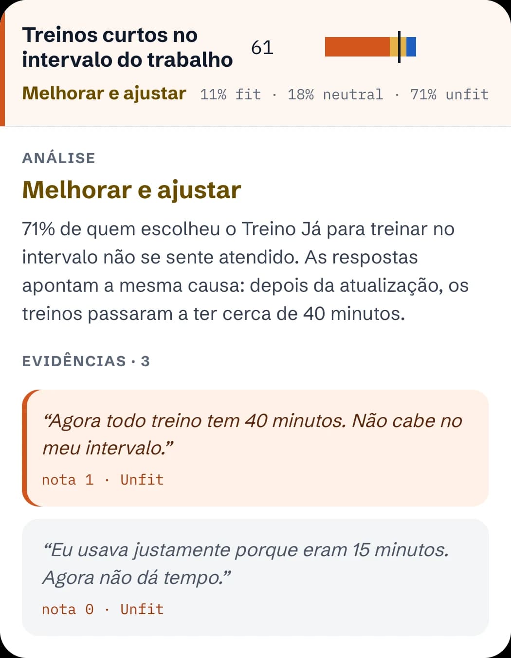 Propósito treinos curtos aberto, com a análise da IA e duas citações de usuários